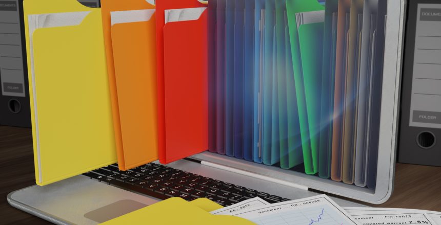 3D illustration. Computers with colored folders for storing documents. Database.