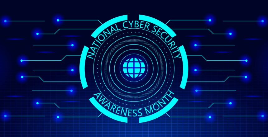 National Cyber Security Awareness Month NCSAM is observed in October in USA. Hud elements, globale icon, concept vector are shown on ultaviolet background for banner, website.